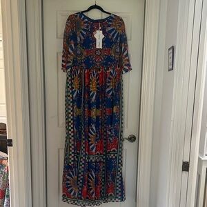 Vibrant Blue Patterned Maxi Dress